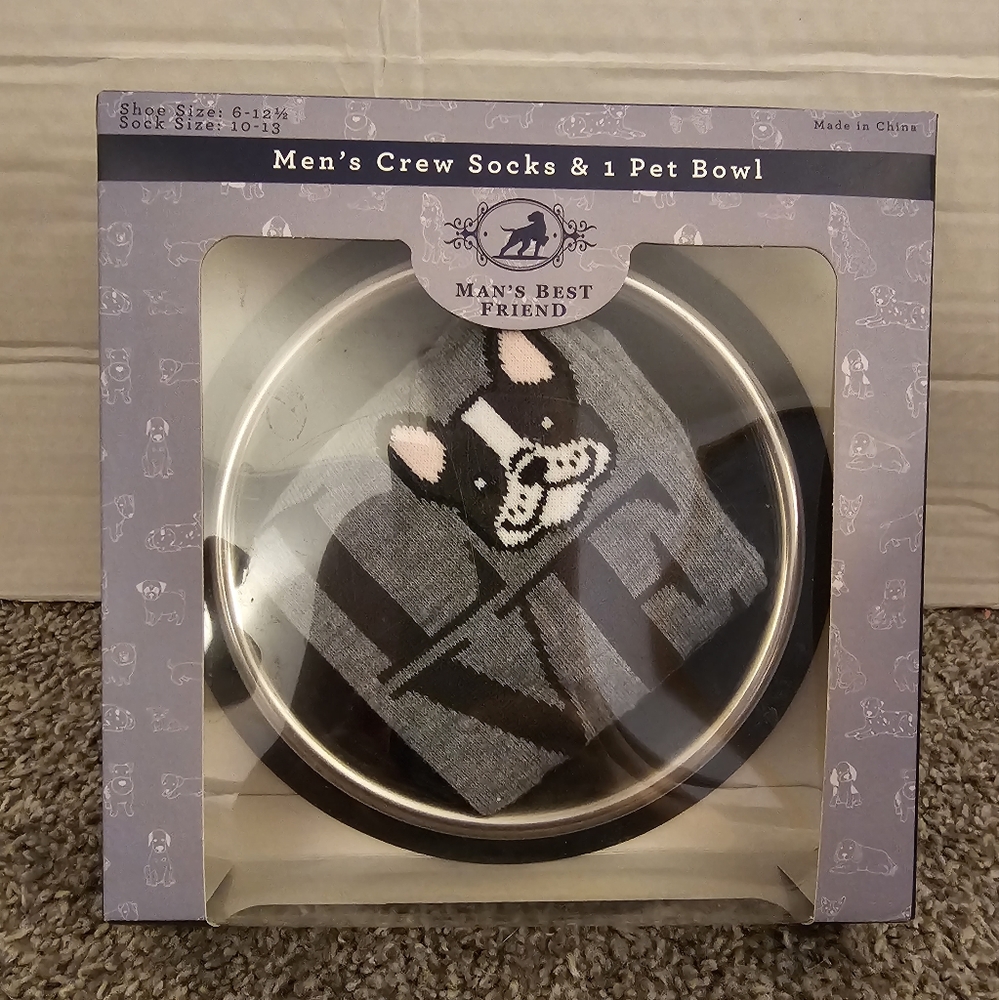 NIB Boston Terrier socks and dog bowl
